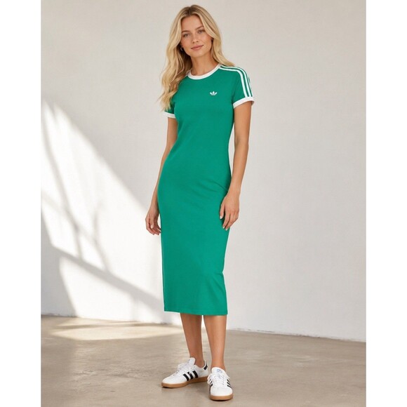 adidas Dresses & Skirts - Adidas Originals NWT Green 3-Stripes Midi Dress Casuals Cotton Stretch Logo XS